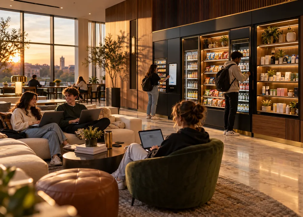 Students relaxing in a residence lounge beside a walnut-and-black automated retail wall