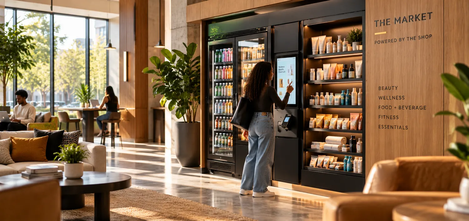 A woman choosing products at a walnut-and-black automated retail wall in a sunlit building lobby