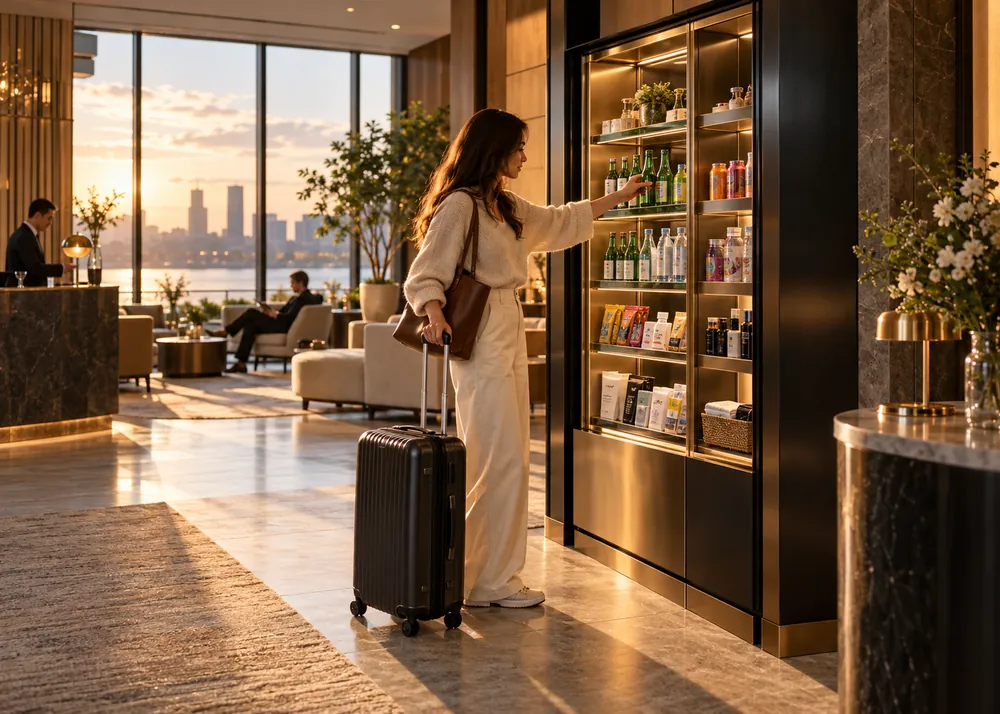 A hotel guest with a suitcase choosing a drink from a smart retail cabinet in a hotel lobby