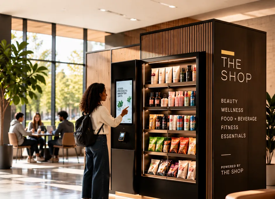 A student using the touchscreen on a The Shop automated retail cabinet in a campus lounge
