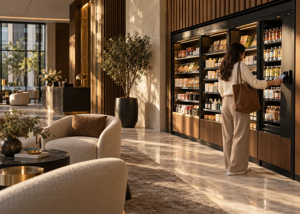 A resident using a phone at an automated retail cabinet in an apartment building lobby